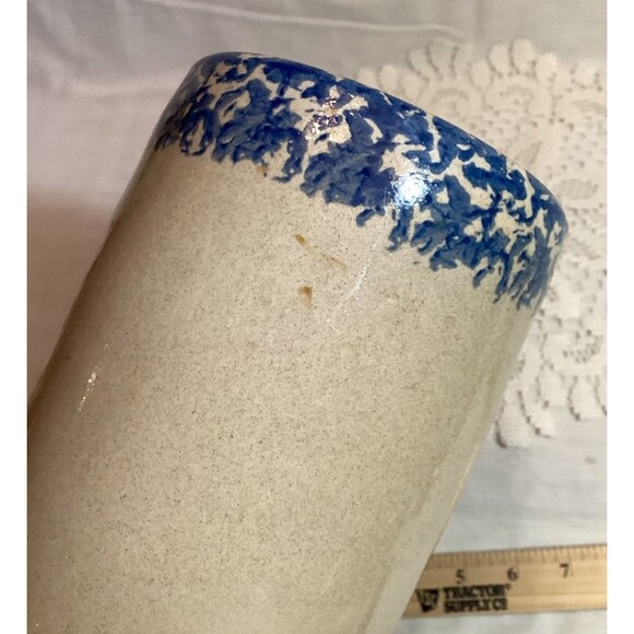 Sponge Ware Utensil Crock Vase Jar Decorated With Blue Design & Hearts 8" Tall - Picture 5 of 9